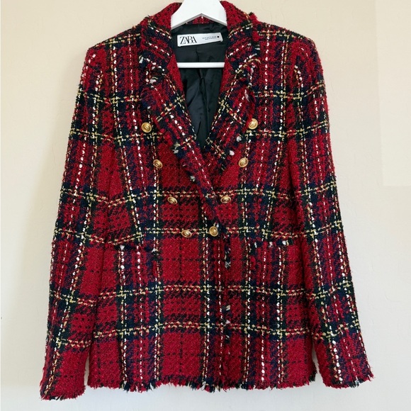 Zara Tartan Plaid Red Tweed Gold Button Double Breasted Tailored Blazer Medium - Picture 1 of 12